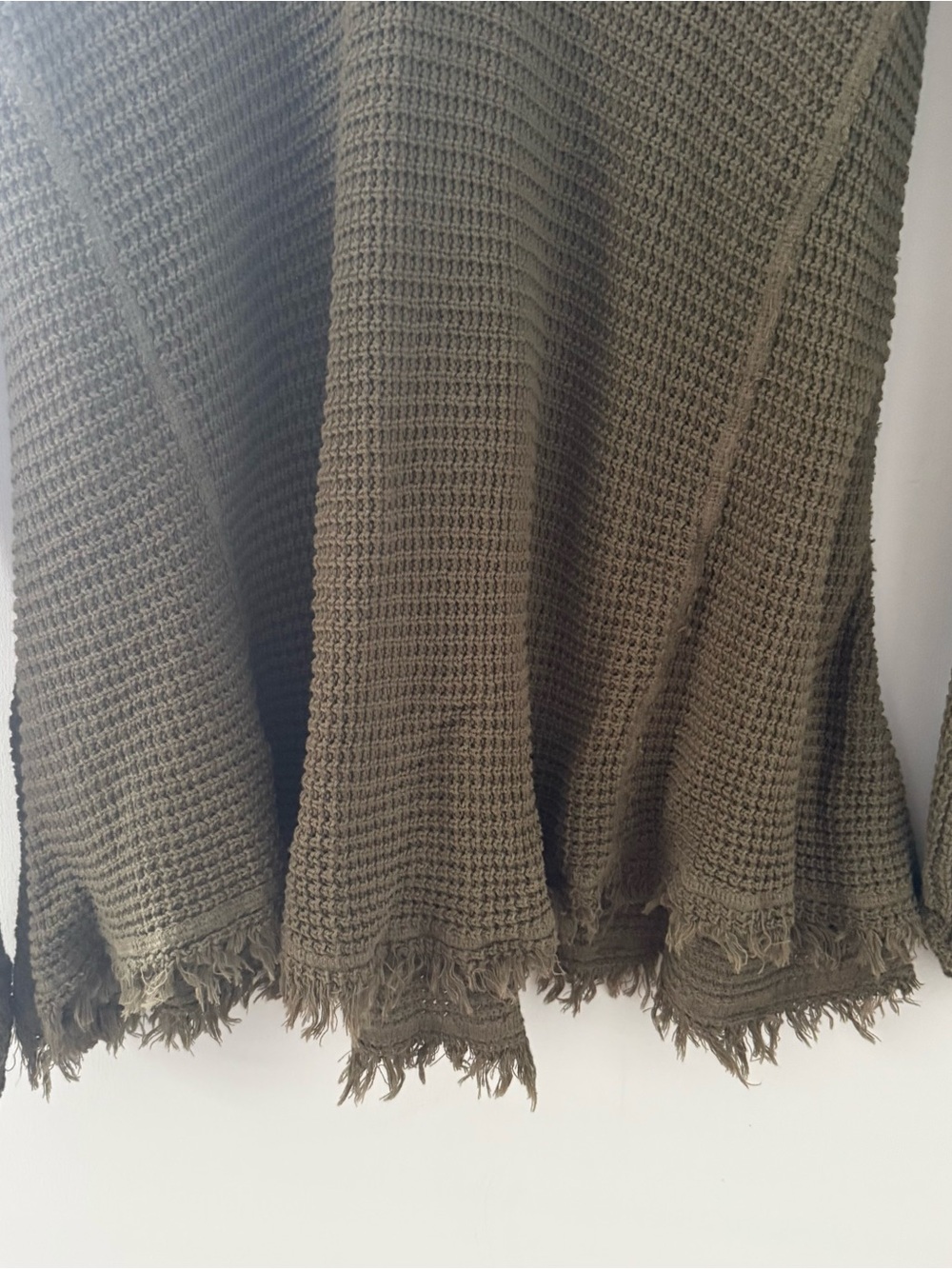 Women's Olive Green Waffle Knit V-Neck Tunic Sweater with Cut Out Shoulders - Picture 2 of 5